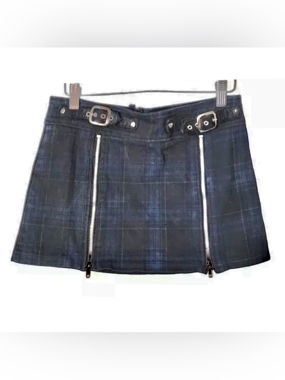 Lip Service blue plaid denim zippers & buckles mini skirt size 5 90s Goth Punk